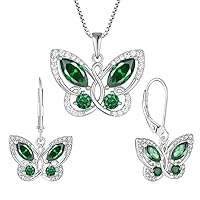 STARCHENIE Butterfly Necklace Earrings for Women 925 Sterling Silver Birthstone Created Emerald Butterfly Jewelry Set Gifts