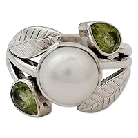 NOVICA Artisan Handmade Cultured Freshwater Pearl Peridot Cocktail Ring from India Jewelry .925 Sterling Silver Mabe Green 'Mumbai Romance'