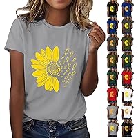Women's Sunflower Print Tops Summer Loose Short Sleeve Crew Neck Shirts Lightweight Soft Cozy Casual Graphic Tshirts
