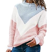 Women Sweater Mock Neck Color Block Long Sleeve Casual Knit Jumper Pullover Tops Sweatshirt Coat Outwear