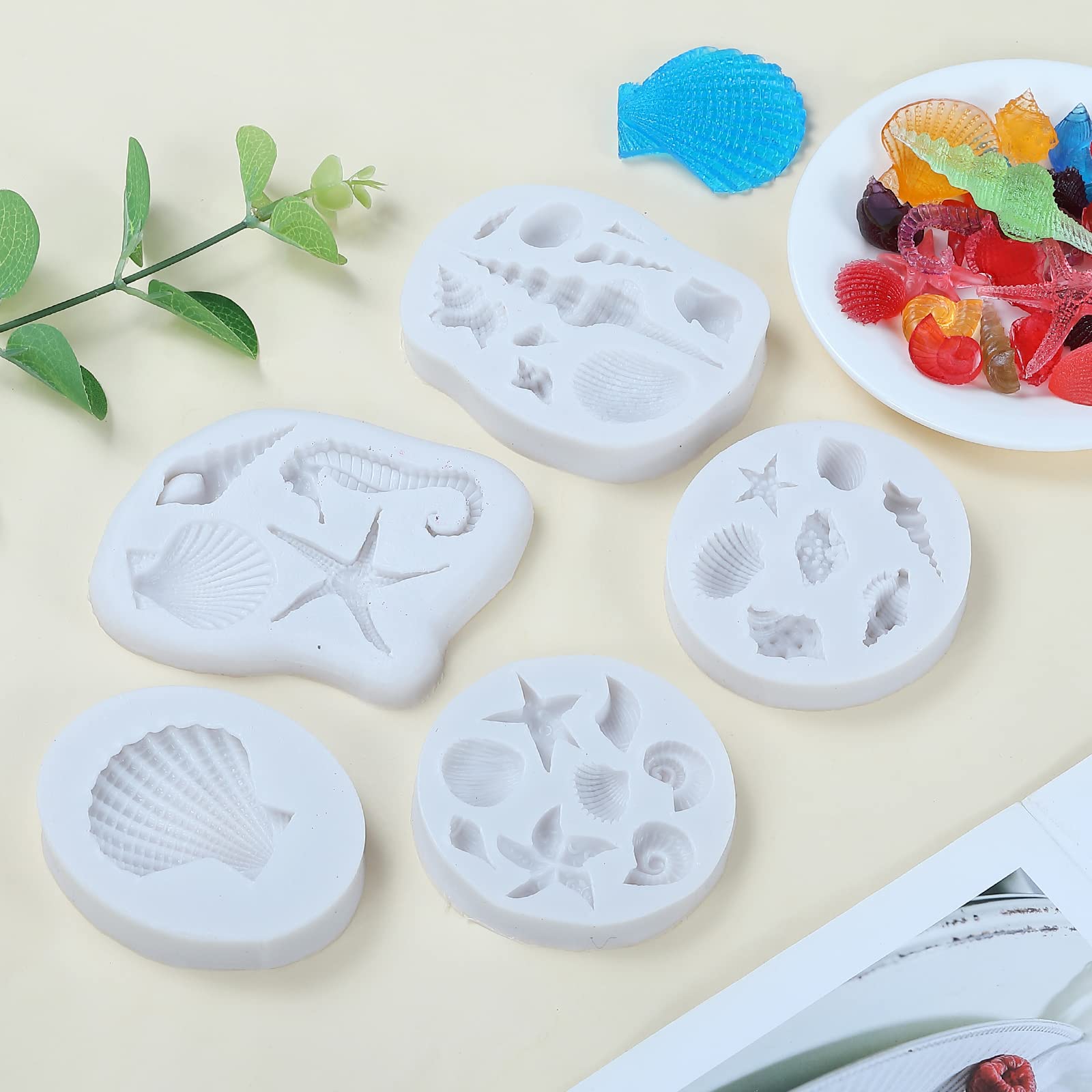 5 Pcs Marine Theme Cake Fondant Silicone Mold Set, Seashell Conch Starfish Hippocampus DIY Baking Molds for Mermaid Theme Cake Decoration Fondant Chocolate Candy Polymer Clay Crafting Projects