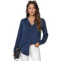 Womens Long Sleeve Satin Silk Button Down Shirts Formal Work Office Casual Blouse Top