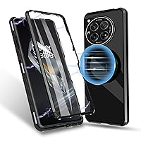 Magnetic Case for OnePlus 12 5G - [Compatible with Mag-Safe] Metal Bumper Attraction Case 360 Degree Front Clear Tempered Glass + Back Hard PC Matte Case with Lens Protection - Magnetic Black