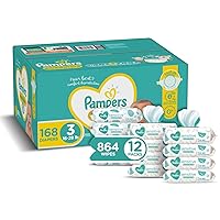 Diapers Size 3, 168 Count and Baby Wipes - Pampers Swaddlers Disposable Baby Diapers, ONE Month Supply with Pampers Sensitive Water Baby Wipes, 12X Pop-Top Packs, 864 Count (Packaging May Vary)