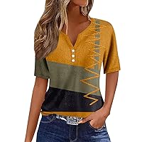 Womens Tops Dressy Casual, Vintage Boho Fashion Printed V-Neck Decorative Button T-Shirt Casual Summer Tops