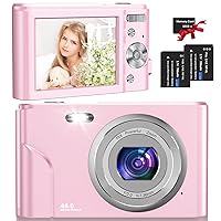 Digital Camera, 1080P 48MP Kids Digital Camera Autofocus with 2 Batteries, 32GB Memory Card, Time Stamp, Compact Portable Small Video Cameras Birthday Gift for Kid Teen Student Beginner Girl Boy, Pink