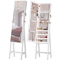 LUXFURNI 3-in-1 Mirror with Jewelry Storage, Jewelry cabinet Standing Wall/Door Mount, Full-Length Mirror Armoire Organizer Lockable, White