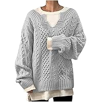 Today's Deals Women Cable Sweaters Casual Long Sleeve Knitted Pullover Tops Loose Long Sleeve Chunky Jumper Warm Sweater Blouse Suéter De Cuello Alto A Gray