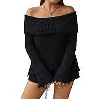 SweatyRocks Women's Plus Size Off Shoulder Flare Long Sleeve Knit Top Raw Hem Pullover Sweater