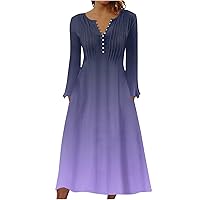 Women's Pleated Front Henley A-Line Dress Gradient Button V Neck Fall Fashion Long Sleeve Maxi Dress with Pockets