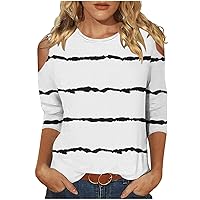 Womens Tops 3/4 Sleeve Crewneck Cute Shirts Casual Trendy Striped Print Dressy Blouses Three Quarter Length T Shirt