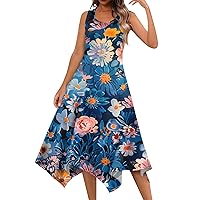 2024 Summer Dresses for Women Casual Fashion Round Neck Sleeveless Print Irregular Hem Midi Dress
