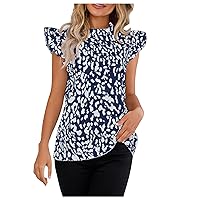 Summer Ruffle Cap Sleeve Tops for Women Leopard Frill Mock Neck Fashion T-Shirts Casual Loose Fit Comfy Dressy T-Shirts
