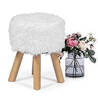 Homebeez Round Ottoman Foot Rest Stool, Small Furry Decorative Bench with Wood Legs (White Wool)