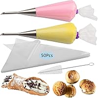 2Pcs Cream Icing Piping Nozzle Tip Stainless Steel,Long Puff Nozzle Tip with 50Pcs Disposable Pastry Piping Bags Cupcake and Puff Filling Kit Decorating Tool Supplies