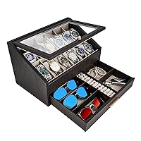 12-Slots Watch Box,2 Layers Watch Storage Case for Men, Top Glass Jewelry Display Holder for Watches,with 1 Jewelry Drawer for Sunglasses,Rings,Bracelets,Car key(Dark Grey)