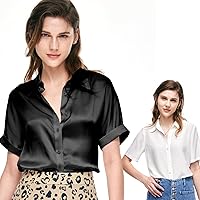 Silk Blouse for Women Button Down Shirts: Women's Short Sleeve Elegant Shirt 100% Pure Silk Blouses Casual Tops Summer Luxury Fall Spring Soft Business Cool Smooth Shirts,1 Piece White&1 Piece Black,M