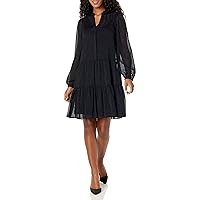 Tommy Hilfiger Women's Shift Chiffon Long Sleeve V-Neck Dress, Sky Captain/Black, 10