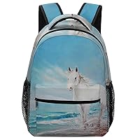White Horse on The Beach Travel Laptop Backpack Casual Daypack with Mesh Side Pockets for Book Shopping Work