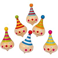 6138 Set of 6 Spinning Tops Clown Made of Wood, with Clown Faces, as a Present or for Birthdays, from 3 Years Old