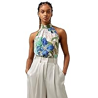 LilySilk Womens Pure Silk Blouse Ladies 18MM Crêpe de Chine Sleeveless Halter Neck Top with Floral Print Vacation Party
