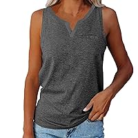 Women's Notch V Neck Tank Tops Summer Sleeveless T-Shirt Casual Solid Color Loose Fit Tunic Vest with Pocket