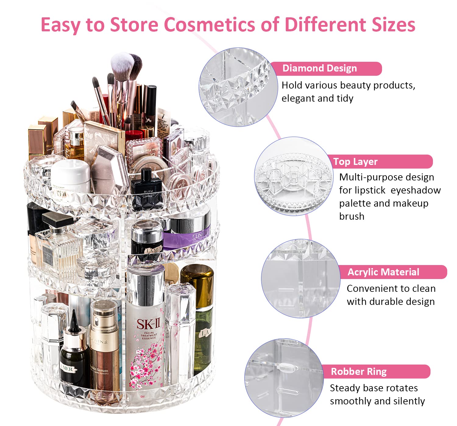 DreamGenius Makeup Organizer, 360 Degree Rotating Perfume Organizer, Adjustable Makeup organizers and storage with 8 Layers , Fits Makeup Brushes Lipsticks and Jewelry, Clear Acrylic