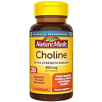 Nature Made Extra Strength Dosage Choline Supplements 800 Mg Per 3 Capsules, Brain Health, Mood, Muscle & Liver Support, Vegetarian, 60 Capsules, 20 Day Supply