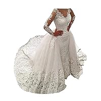 Fair Lady Illusion Vintage Lace Long Sleeve Wedding Dress for Bride 2024 Beads Mermaid Bridal Dresses Detachable Train