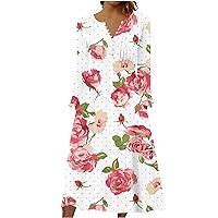 Womens Casual Plus Size Floral Round Neck Long Sleeve Relaxed Fit Dress Fall Outdoor Beach Maxi Dresses