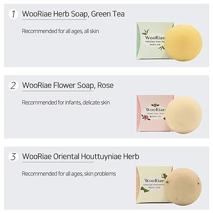 WooRiae Pure Aged Natural Bar Soap 3 Packs - Green Tea, Rose, Houttuynia | Natural Soap Bar | Bath Soap Bars | Vegan Soap | All Natural Soap |