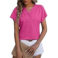 Women's Blouses Dressy Casual Fashion V-Neck Chain Short Sleeve T Shirt Solid Colour Top Cute Shirt Workout, S-2XL
