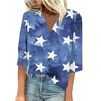 Fourth of July Shirts for Women, Womens Fashion 3/4 Sleeve Tops for Women Women's 3/4 Sleeve Tshirt 4Th of July Tunic Summer Trendy V-Neck Independence Day Print Tops Independence (Blue,XXXL)