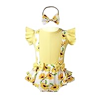 iiniim Infant Newborn Baby Girl Ruffle Sleeve Ribbed T-Shirt and Floral Suspender Shorts Outfits Overall Clothes Set