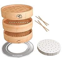 3-Piece Bamboo Steamer Basket with Lid 10-inch 2-Tier, 50 Perforated Steamer Liners with 2-Pairs of Bamboo Chopsticks and Steamer Ring Adapter Virtual Bundle