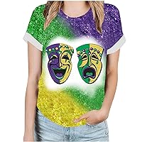 Women's Round Neck Short Sleeve Mixed Color Pullover Tops Printed Blouse Loose Short Sleeve Sequin Fashion T-Shirt