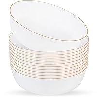 Blue Sky Edge White With Gold Rim Bowls - 16 oz (10 Count) Disposable Round Plastic Bowls for Parties, Events & Special Occasions