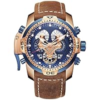 Reef Tiger Men's Military Watches Rose Gold Complicated Blue Dial Watch Automatic Sport Watches RT-W005