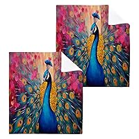 Peacock Washcloths 2 Pack, Soft Absorbent Cotton Baby Face Towels, Washable Reusable Fingertip Towels for Bath Gym Hotel Spa, 12 x 12 Inch
