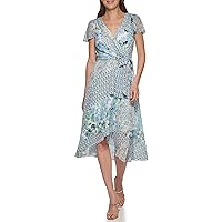 DKNY Women's Short Sleeve Asymmetrical Hem Faux Wrap Dress, Zelda Blue, 14