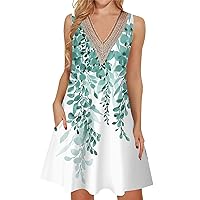 Women's Casual Sleeveless Dresses V Neck Lace Tank Dress Loose Flowy Beach Boho Sundress with Pockets, XS XXXL