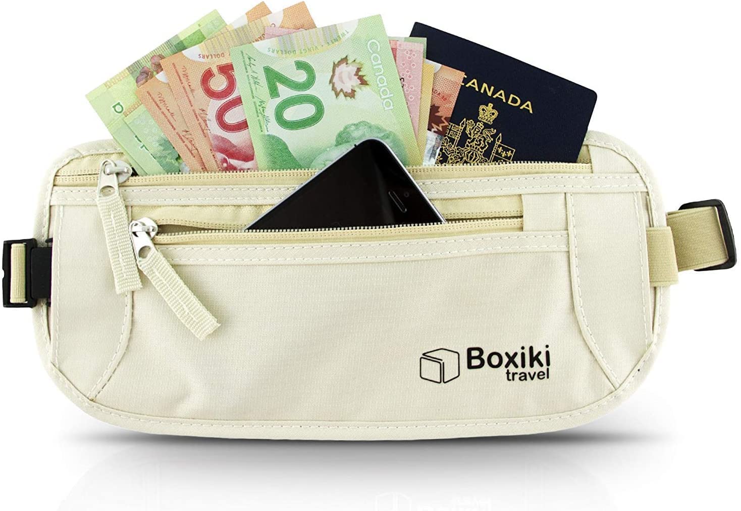 Boxiki Travel Hidden Money Belt for Men & Women - RFID Blocking Waist Pack for Passport, Wallet & Phone - Safe and Secure for Travel (Beige)