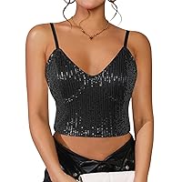 Womens Sparkly Sequin Top Spaghetti Strap Crop Top Glitter Sleeveless V Neck Vest Tank Tops Rave Disco Concert Outfit