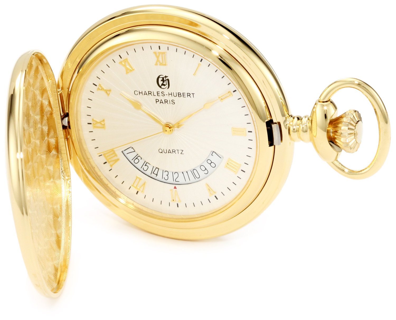 Charles-Hubert, Paris 3900-G Classic Collection Gold-Plated Polished Finish Hunter Case Quartz Pocket Watch