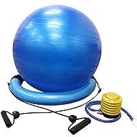 FEIERDUN Yoga Ball Chair – Stability Ball with Inflatable Stability Base & Resistance Bands, Fitness Ball for Home Gym, Office, Improves Back Pain, Core, Posture & Balance (Blue)