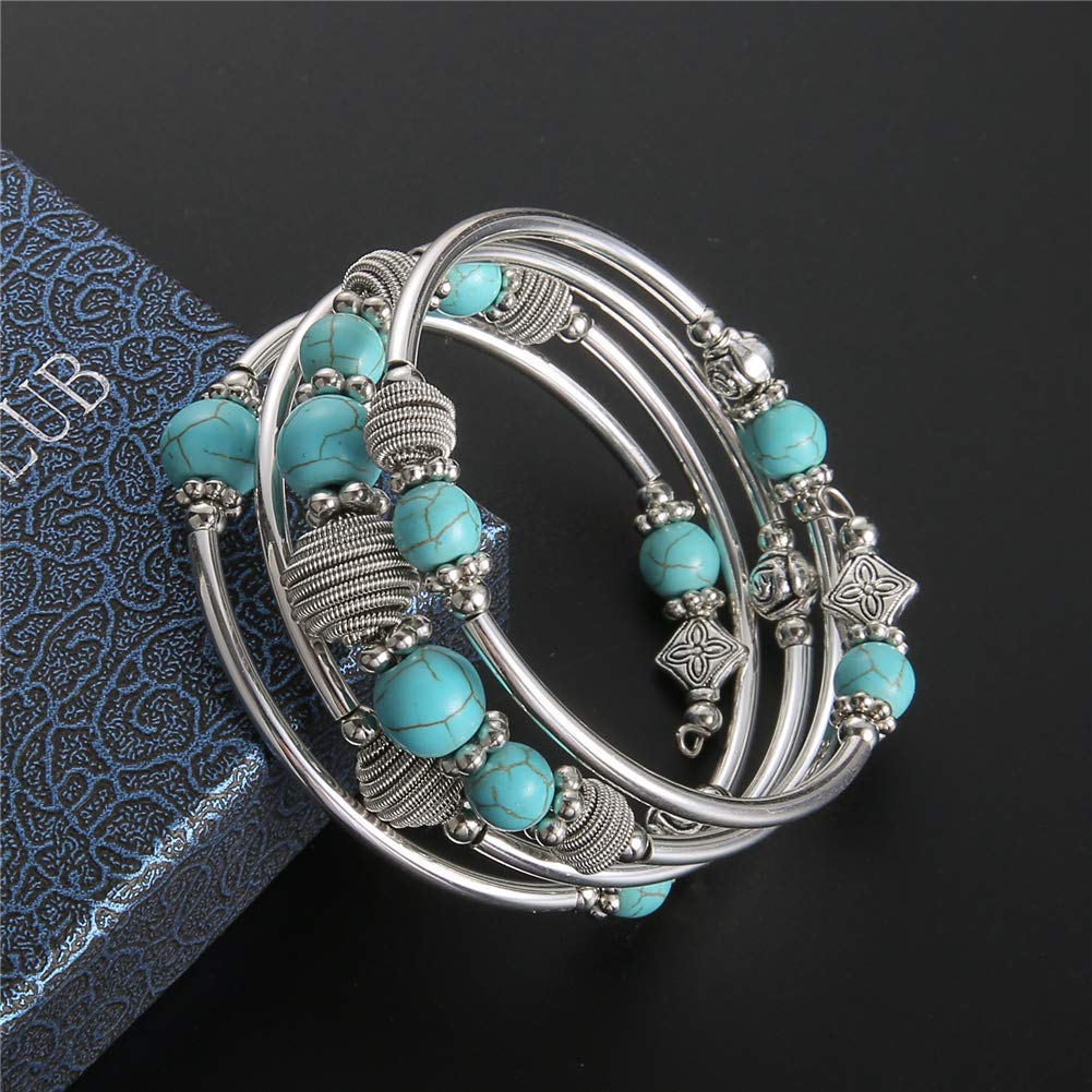 PEARL&CLUB Beaded Chakra Bangle Turquoise Bracelet - Fashion Jewelry Wrap Bracelet with Thick Silver Metal and Mala Beads, Birthday Gifts for Women