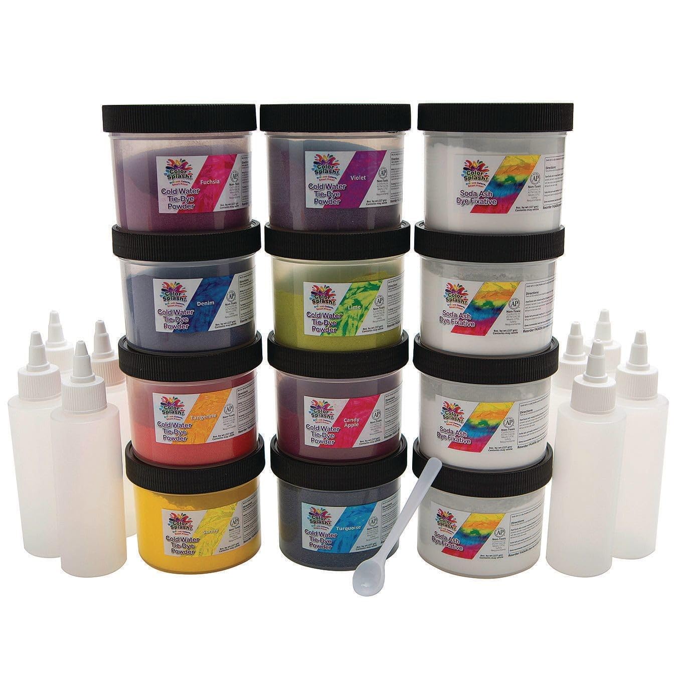 S&S Worldwide Color Splash! Cold Water Tie Dye, 8 Colors Dye Powder + Soda Ash, 8oz Jars, Applicator Bottles, Measure Scoop, Just Add Water, For Groups, Tie-Dye, Batik, Ice Dye, Non-Toxic, 12 Jar Set
