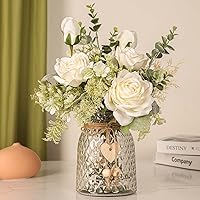 Fake Flowers with Vase, White Roses Artificial Flowers in Vase Silk Flowers for Home Decor Indoor, Faux Flowers for Vase Floral Centerpieces for Tables Faux Flower Arrangement for Wedding Home Office
