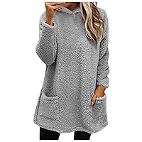 Women Fuzzy Fleece Tunic Basic Pullover Hoodies Oversized Fluffy Loungwear Coat with Pockets Solid Long Sherpa Tops