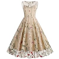 Women's Summer Casual Sleeveless Embroidery Mesh Floral Print Maxi Long Dress for Ladies